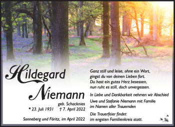 Traueranzeige von Hildegard Niemann von Südthüringer Presse