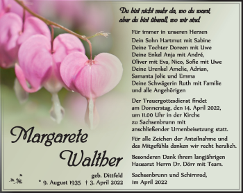 Traueranzeige von Margarethe Walter von Südthüringer Presse