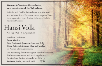 Traueranzeige von Hans-Erhard Volk von Südthüringer Presse