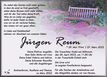 Traueranzeige von Jürgen Reum von Südthüringer Presse
