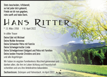 Traueranzeige von Hans Ritter von Südthüringer Presse