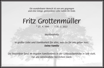 Traueranzeige von Fritz Grottenmüller von Frankenpost