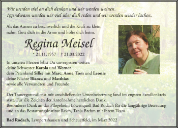 Traueranzeige von Regina Meisel von Südthüringer Presse