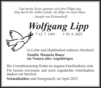 Traueranzeige von Wolfgang Lipp von Südthüringer Presse