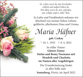Traueranzeige von Maria Häfner von Südthüringer Presse