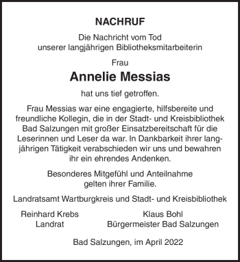 Traueranzeige von Annelie Messias von Südthüringer Presse