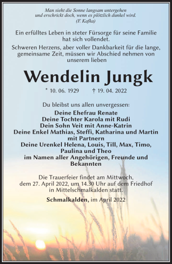 Traueranzeige von Wendelin Jungk von Südthüringer Presse