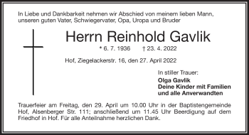 Traueranzeige von Reinhard Gavilk von Frankenpost
