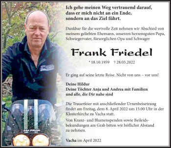 Traueranzeige von Frank Friedel von Südthüringer Presse