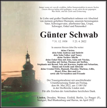 Traueranzeige von Günter Schwab von Südthüringer Presse