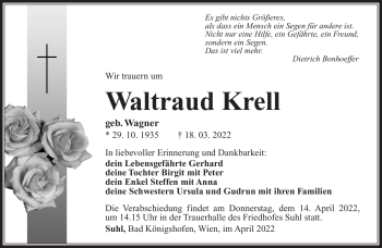 Traueranzeige von Waltraud Krell von Südthüringer Presse