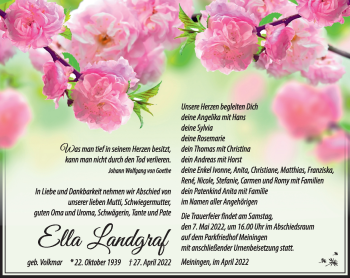 Traueranzeige von Ella Landgraf von Südthüringer Presse