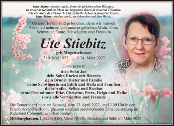 Traueranzeige von Ute Stiebitz von Südthüringer Presse