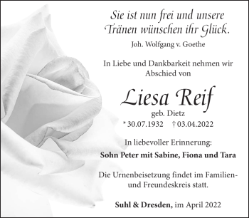 Traueranzeige von Liesa Reif von Südthüringer Presse
