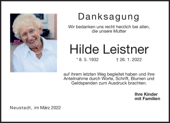Traueranzeige von Hilde Leistner von Neue Presse Coburg