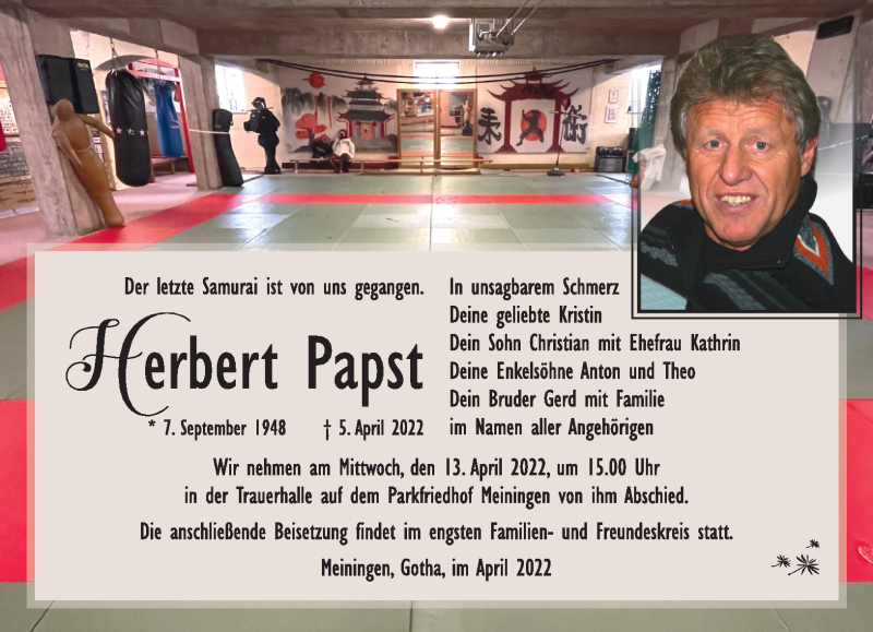  Traueranzeige für Herbert Papst vom 09.04.2022 aus Südthüringer Presse