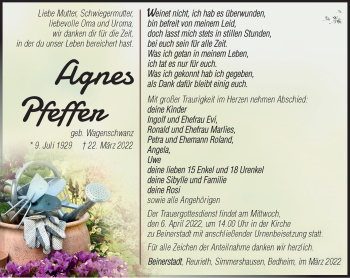 Traueranzeige von Agnes Pfeffer von Südthüringer Presse