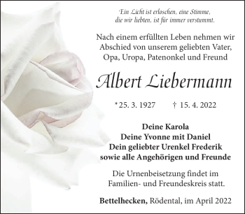 Traueranzeige von Albert Liebermann von Südthüringer Presse