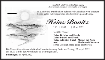 Traueranzeige von Heinz Bonitz von Südthüringer Presse