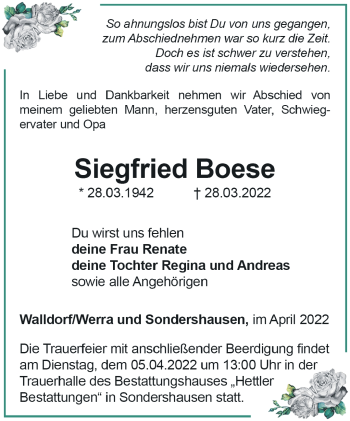 Traueranzeige von Siegfried Boese von Südthüringer Presse
