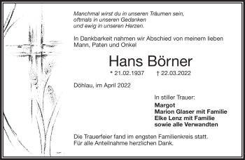 Traueranzeige von Hans Börner von Frankenpost