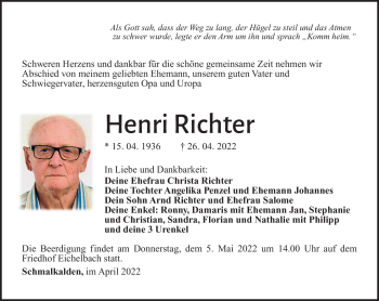Traueranzeige von Henri Richter von Südthüringer Presse