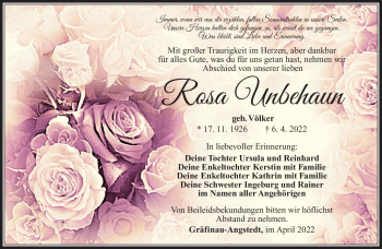 Traueranzeige von Rosa Unbehaun von Südthüringer Presse