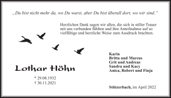 Traueranzeige von Lothar Höhn von Südthüringer Presse
