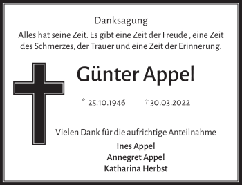 Traueranzeige von Günter Appel von Südthüringer Presse