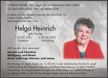 Traueranzeige von Helga Heinrich von Frankenpost