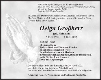 Traueranzeige von Helga Großherr von Südthüringer Presse