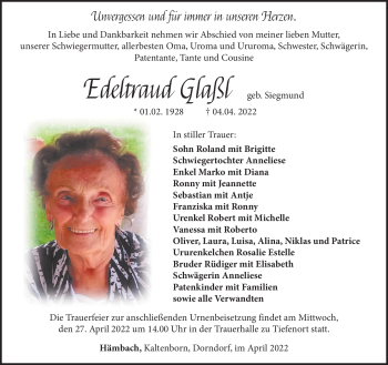 Traueranzeige von Edeltraud Glaßl von Südthüringer Presse