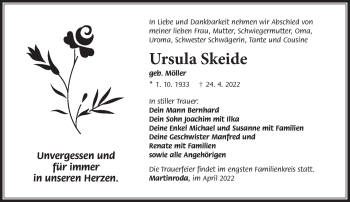Traueranzeige von Ursula Skeide von Südthüringer Presse
