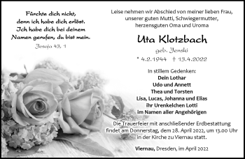 Traueranzeige von Uta Klotzbach von Südthüringer Presse