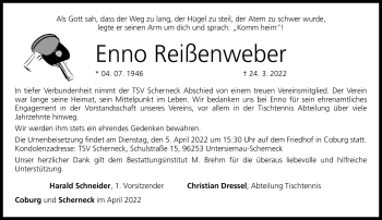 Traueranzeige von Enno Reißenweber von Neue Presse Coburg