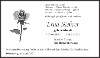 Traueranzeige von Erna Kehrer von Südthüringer Presse
