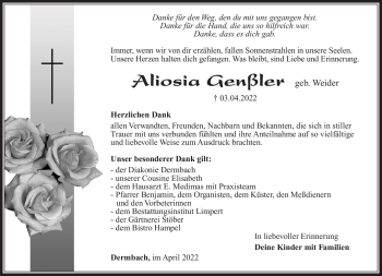 Traueranzeige von Aliosia Genßler von Südthüringer Presse