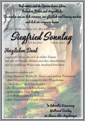 Traueranzeige von Siegfried Sonntag von Südthüringer Presse