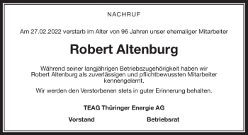 Traueranzeige von Robert Altenburg von Südthüringer Presse