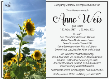 Traueranzeige von Anne Weis von Südthüringer Presse