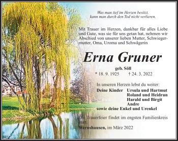 Traueranzeige von Erna Gruner von Südthüringer Presse