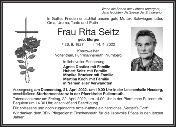 Traueranzeige von Rita Seitz von Frankenpost