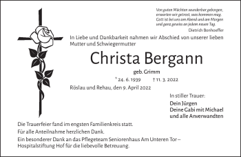 Traueranzeige von Christa Bergann von Frankenpost