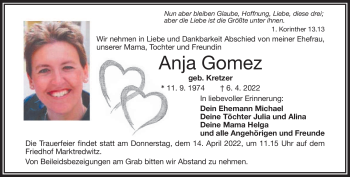 Traueranzeige von Anja Gomez von Frankenpost