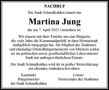 Traueranzeige von Martina Jung von Südthüringer Presse
