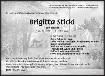 Traueranzeige von Brigitta Stickl von Südthüringer Presse