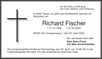Traueranzeige von Richard Fischer von Frankenpost