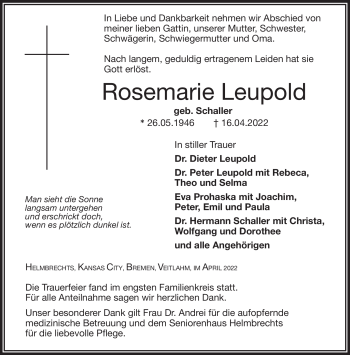 Traueranzeige von Rosemarie Leupold von Frankenpost