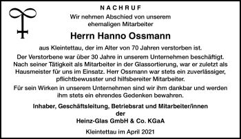 Traueranzeige von Hanno Ossmann von Neue Presse Coburg