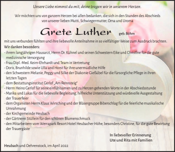 Traueranzeige von Grete Luther von Südthüringer Presse